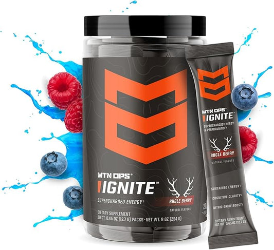 MTN OPS Ignite Trail Packs Energy Drink Powder, Gluten Free Nootropic Supplement Drink Mix, L Arginine, L Citrulline, Caffeine & Nootropic Sugar Free Drink Mix, 20 Servings, Bugle Berry