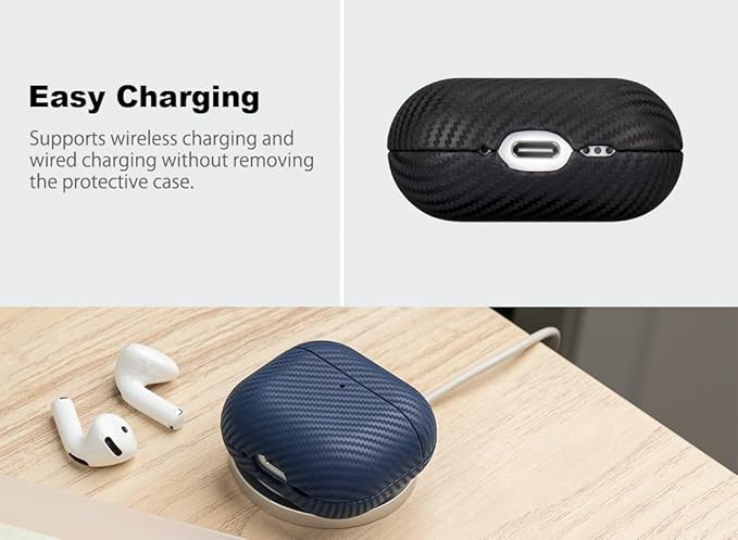 Leather Case - for AirPods 4 / AirPods 4 with Active Noise Cancellation Case Cover - Selected Skin-Friendly Leather, with Carbon Fibre Texture, Handmade Drop Protective Hard Cover - Black