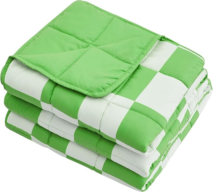 Green Checkered Weighted Blanket for Adults 15lbs, 48"x72" Twin Size, Cooling Heavy Blanket Microfiber for 120-160lbs with Premium Glass Beads, Soft Thick Big Blankets for All-Season Sleeping Comfort