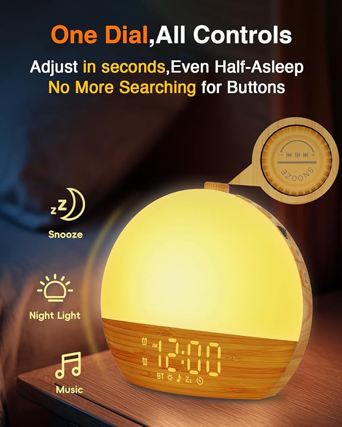 Sunrise Alarm Clock with Sound Machine - Wake Up Light, Wood Grain, Bluetooth, Dual Digital Alarm Clocks for Bedrooms, Adjustable Brightness, 30 Sleep Sounds, White Noise Machine for Baby & Adults