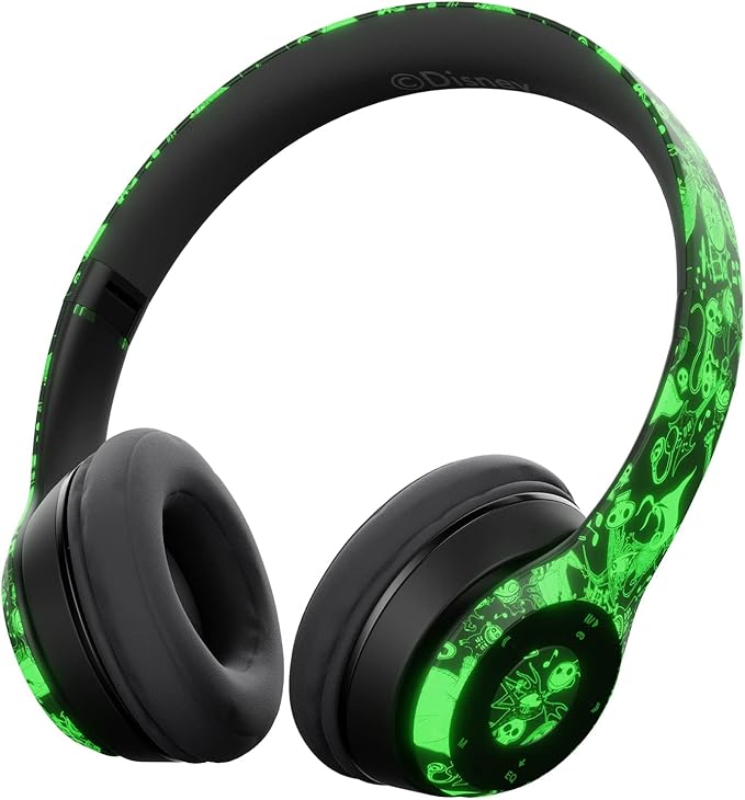 iJoy Disney Nightmare Before Christmas Glow in The Dark Bluetooth Headphones Over Ear, Wireless and Wired Foldable Headset Built-in Microphone - Tim Burton Jack Skellington & Sally - Adults Kids