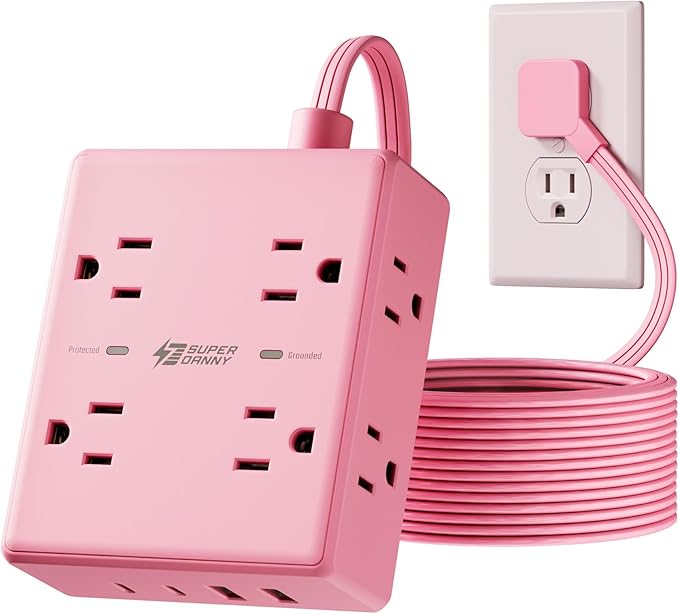 Pink Extension Cord 10Ft, Flat Plug Surge Protector Power Strip, 8 Outlets & 4 USB Ports (2 USB C), Cute Stuff Pink Room Decor, Home Office Kawaii Desk Accessories for Girls