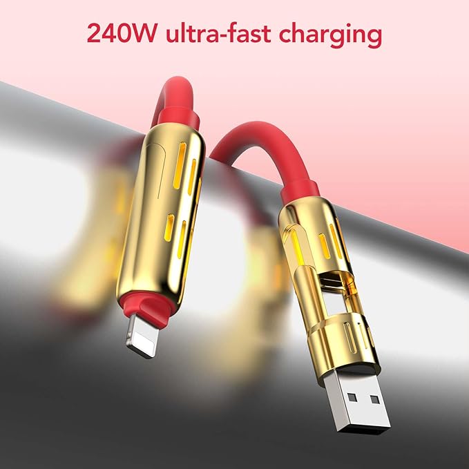 MFish 4-in-1 Universal USB Charging Cable with Carrying Case – 240W Max Fast Charger Cord, USB-A, Dual USB-C & Lighting, for iPhone 14/15/16/17 Series, iPad & MacBook and More (Red, 6.6Ft)