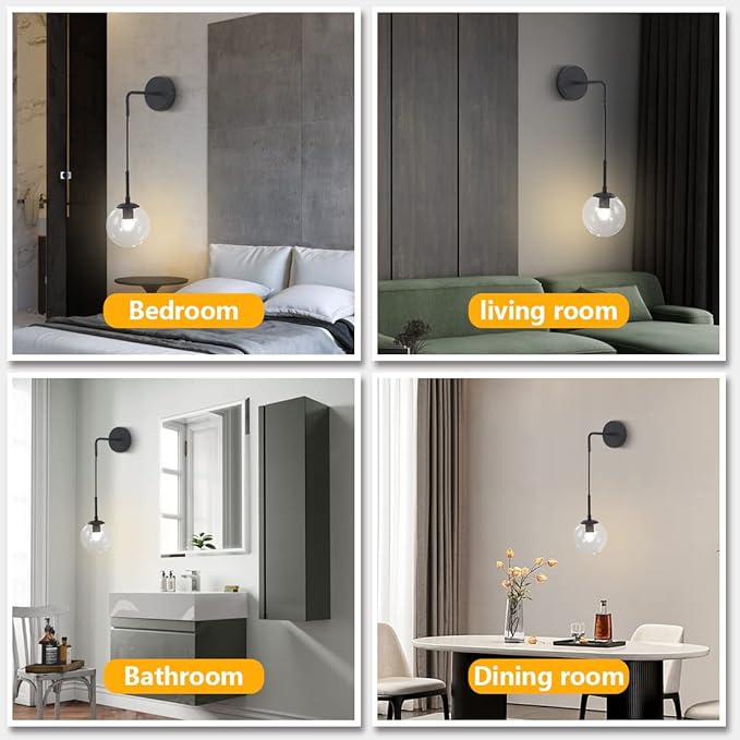 BOKT Mid Century Modern Black Wall Sconce Light Clear Glass Globe Ball Wall Lighting Minimalist Adjustable Bedside Wall Lamp 1-Light Vanity Bathroom Wall Light Fixture (Black+Clear)