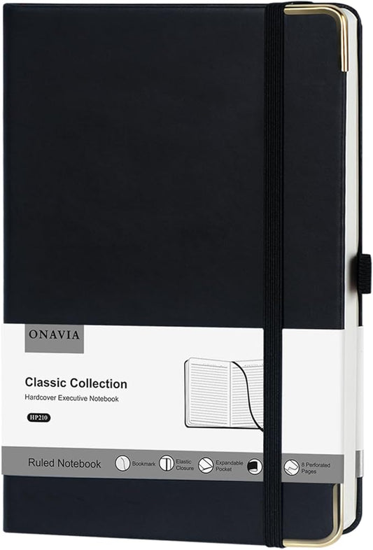 A5 Lined Journal Notebook - 100 GSM Thick Paper, Hardcover Journaling Notebook for Writing, Work, Travel, School, College Ruled Journal for Women and Men, PU Leather Note Book, 5.5”x8.3”- Black