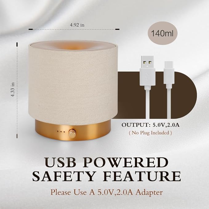 Elegant Fabric Aroma Diffuser - Quiet Essential Oil Diffuser with Soft Night Light, Perfect for Home, Office, and Yoga Space (M35-Gold)