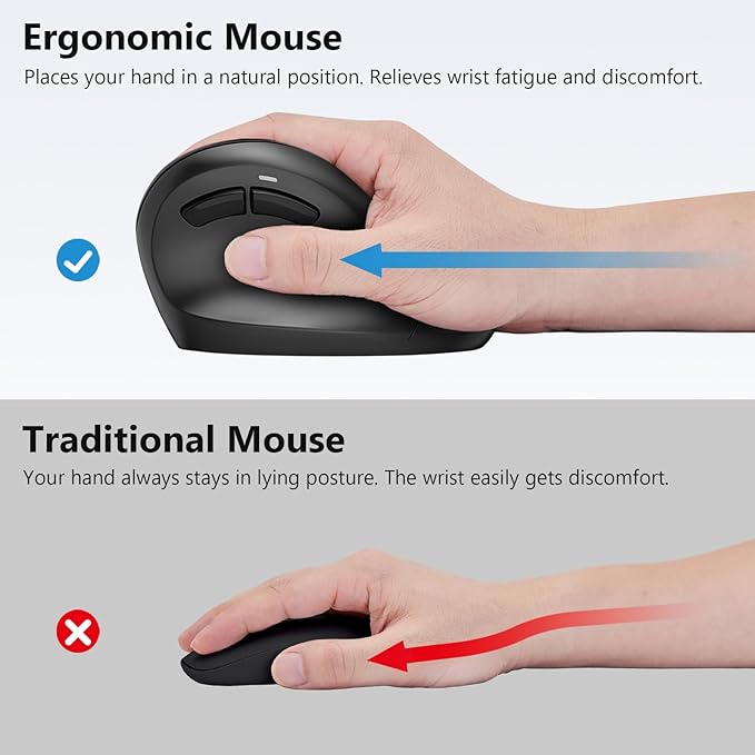 AUTLEY Ergonomic Mouse for Large Hands, Vertical Mouse, 2.4GHz Wireless Computer Mouse for Windows/macOS - 6 Buttons, Low Power Warning, 800/1200/1600 DPI, Black