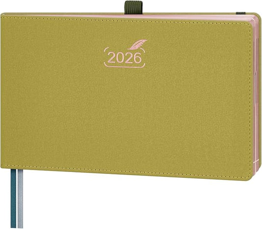 BEZEND 2026 Planner Weekly and Monthly (9" x 5.5") Horizontal Calendar Book with Vertical Hourly Timeslots & Note (Jan-Dec) Pen Holder, Inner Pocket, Casebound Vegan Leather Hardcover - Mustard