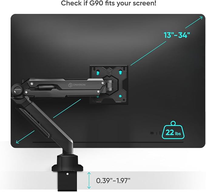 ONKRON Single Monitor Desk Mount for 13-34 Inch Screens, Up to 22 lbs, PC Monitor Arm, Gas Spring, 75x75 & 100x100 VESA, Full Motion, Black