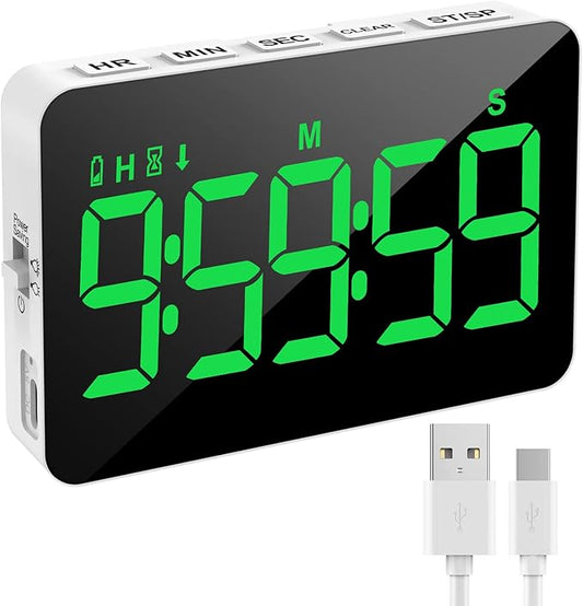 Rechargeable Digital Kitchen Timer for Cooking, Magnetic Timers with Countdown/up, Kids Timer with 5”LED Display 3 Brightness 4 Volume Adjustable for Classroom/Office/Home/Work/Fitness/Game(Green)