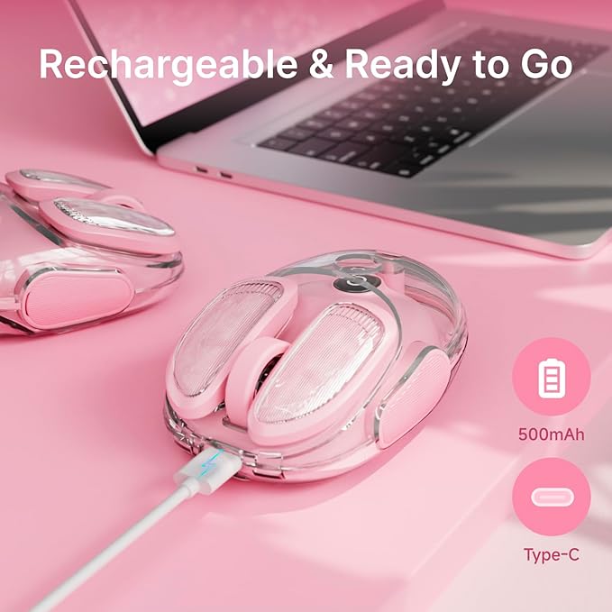 EWEADN Q9 Wireless Clear Mouse Dual Mode Bluetooth & 2.4G USB Computer Mouse with RGB Lighting, Silent Clicks, Multi-Device Compatibility for Laptop, PC, MacBook, iPad Cute Mouse-Pink