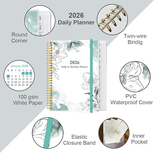 2026 Daily & Monthly Planner - One Page Per Day, Daily Planner from January 2026 - December 2026, Planner 2026 with 12 Monthly Tabs, 8.5" x 11", Teal Flower