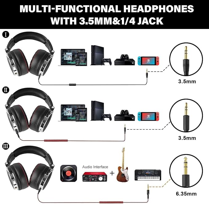 OneOdio Hi-Res Over Ear Headphones for Studio Monitoring and Mixing, Sound Isolation, Protein Leather Earcups, 50mm Driver Unit, Wired Headphones for AMP Guitar Keyboard (Pro-50 Black)