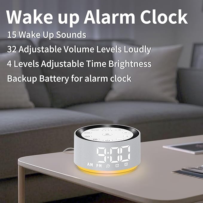 Brown Noise Machine Bedroom Alarm Clock Sound White Noise Machine Night Light with 30 Sleeping Sounds for Baby Kids Adults 2 Alarms Backup Battery 32-Level Vol 15 Wake up Sounds for Mild Heavy Sleeper