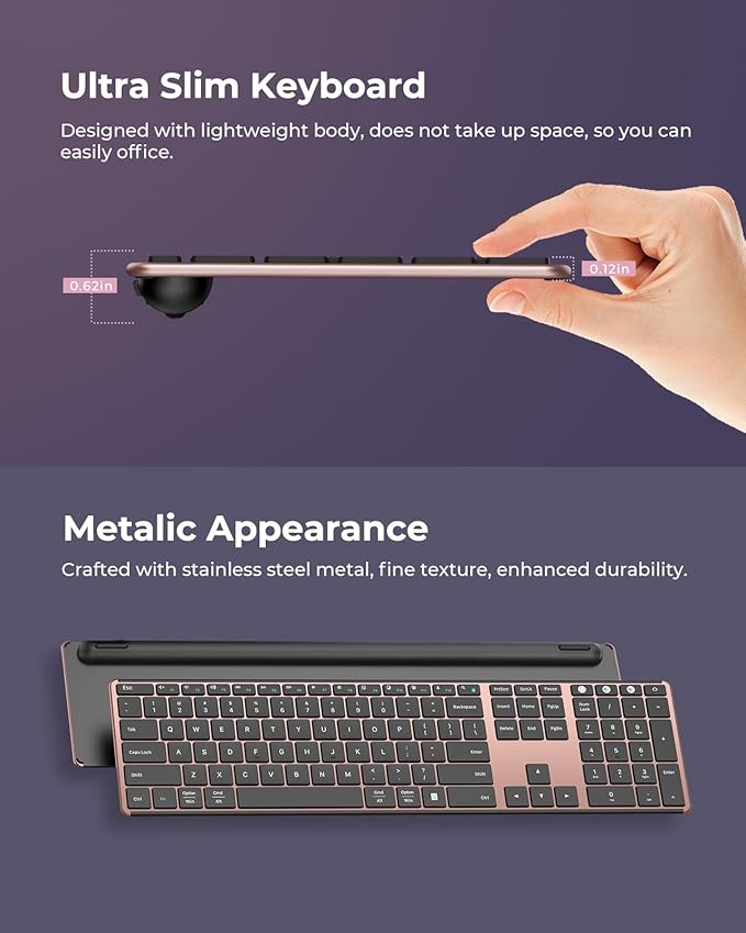 seenda Wireless Bluetooth Keyboard and Mouse Combo (USB + Dual BT), SKM64-3 Multi-Device Rechargeable Slim Keyboard and Mouse, Compatible for Win 7/8/10, MacBook Pro/Air, iPad, Tablet - Rose Gold