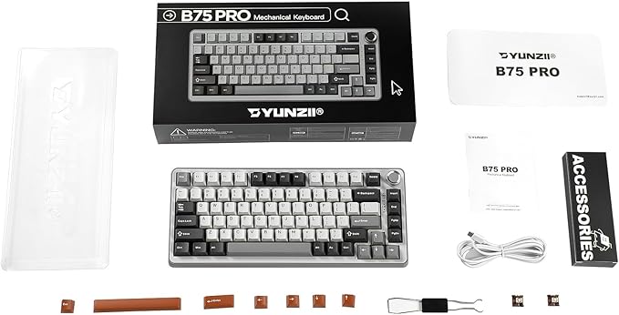 YUNZII B75 PRO Wireless Mechanical Keyboard,75% Layout with Knob,Hot Swap Gasket Custom Structure,Creamy Pre-lubed Switches,RGB Backlit,Bluetooth/Type-C/2.4G for Win/Mac(Cocoa Cream V2 Switch,Grey)