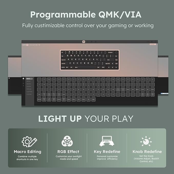 RK ROYAL KLUDGE R65 Wireless Mechanical Keyboard with Volume Knob, Tri-Mode 2.4G/USB-C/BT Gasket Mounted 60% Gaming Keyboard with 66Keys, PBT Keycaps, QMK/VIA, Hot Swappable Cream Switch, Clay Green