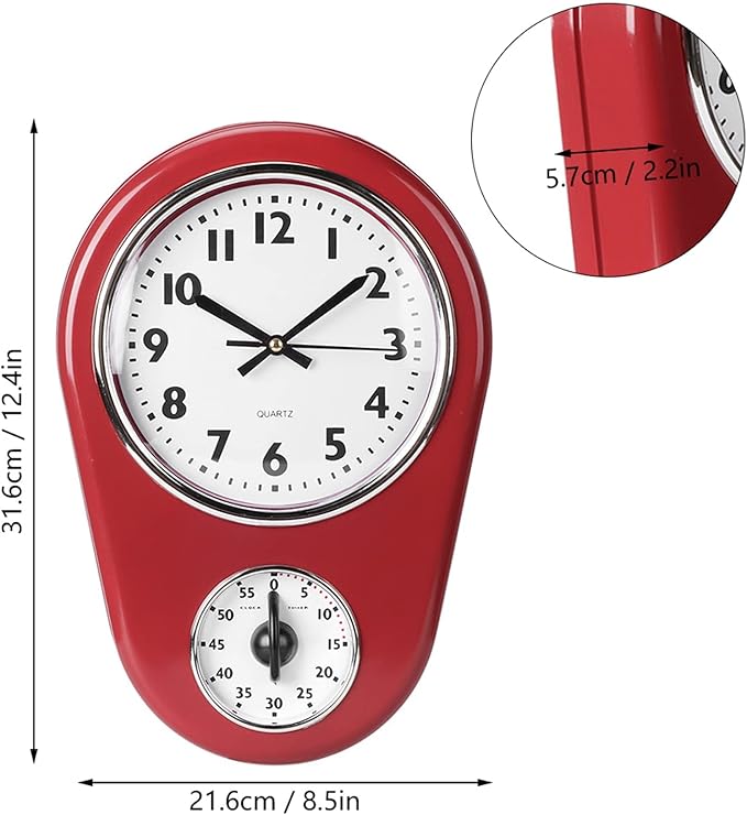 Retro Kitchen Timer Wall Clock, Vintage Wall Big Watch Hanging Clock Home Kitchen Timer Bell Shape Red for Indoor Living Room Decoration