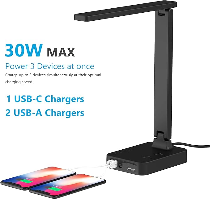 Drevet LED Desk lamp with USB C Charging Port, Table Light with 3 USB Charger and 2 AC Power Outlet, 3 Color Model, 3 Level Brightness, Touch Control, Memory Function, Eye-Caring Office Foldable Lamp