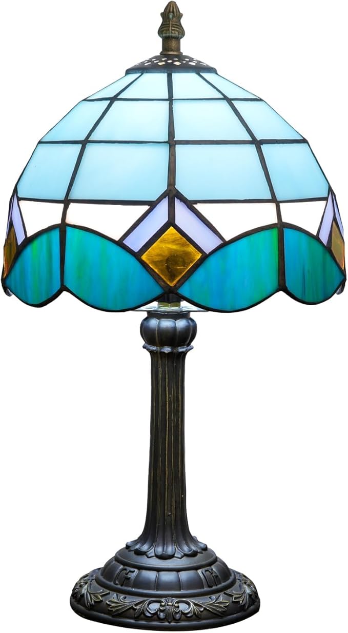 Sky Blue and White Lamp Small Tiffany Lamps Bedside Nightstand for Bedroom Dector Light Stained Glass Table Lamp Living Room Kitchen Night Lamp Farmhouse Cute 8 Inch Aesthetic Mediterranean Desk Lamps