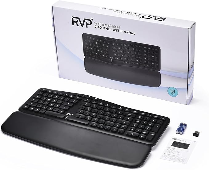 RVP+ Split Ergonomic Keyboard with Magnetic Wrist Rest (2.4 GHz), Wireless Keyboard and USB Interface - Black