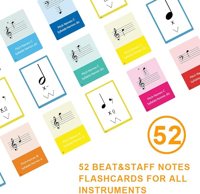 52-Piece Multi-Functional Double-Sided Music Learning Flash Cards Set, 52 Sheets of Staff Musical Note and Music Rhythm Cards, Suitable for All Musical Instruments.