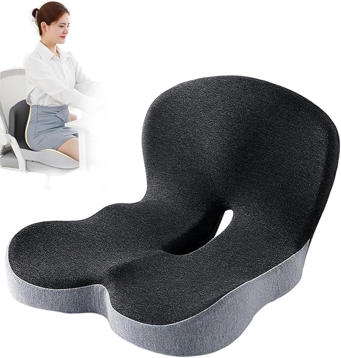 Memory Foam Office Chair Cushion, L-Shaped Integrated Seat Cushions, Chair Seat Cushion for Lower Back Tailbone Protection, Lumbar Support (Black Gray)