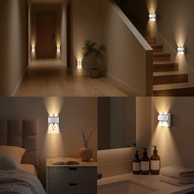 Night Light Plug into Wall, 4 Pack LED Night Lights,Rotatable Plug Night Lights,Dusk to Dawn Light Sensor,2700K Warm White Nightlights for Hallway Bedroom Stairway,Non-Dimmable