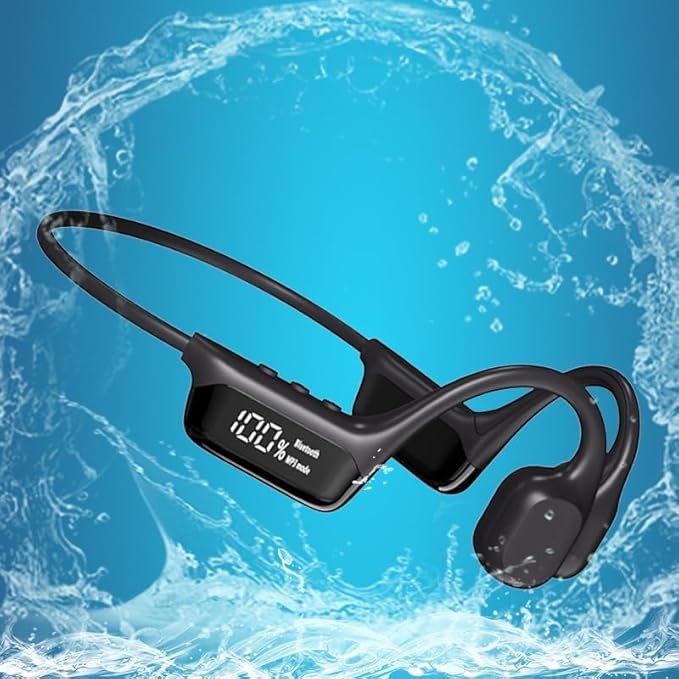 AYI True Bone Conduction Swimming Headphones with Bluetooth 5.4 & MP3 Player Mode 32GB Built-in Memory IPX8 Waterproof Screen Display Pain-Free Open-Ear Earphone for Sport and Work-Black