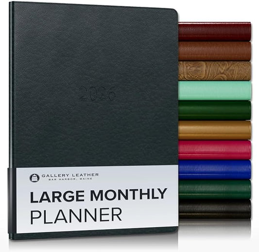 Gallery Leather Large Monthly Planner 2025-2026, Elegantly Bound Calendar Planner and Notebook with Stylish Gold-Gilded Page Edges, 18 Months - Tremont Atlantic - 9.75x7.5"