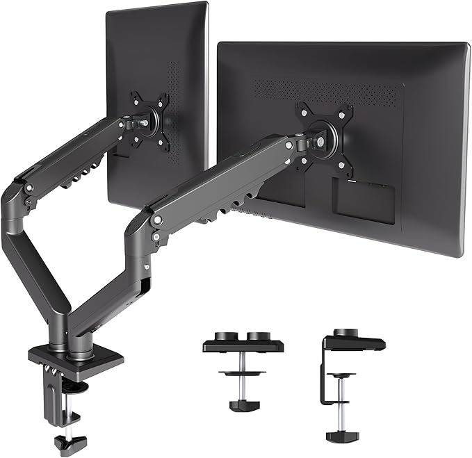 Claiks Dual Monitor Mount for 15-32 Screens, Ergonomic Gas Spring Monitor Arm for, Adjustable Computer Monitor Stand up to 40 lbs, with Clamp and Grommet Base, VESA Mounting Holes 75&100mm, Black