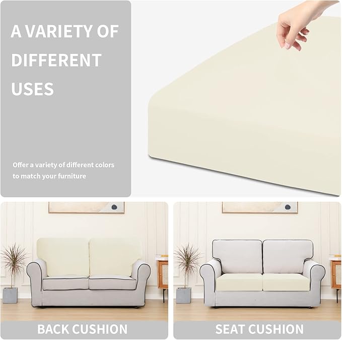 Easy-Going 100% Waterproof Chair Sofa Seat Cushion Slipcovers Couch Cushion Cover Stretch Furniture Protector for Kids, Pets (2-Piece Loveseat Cushion, Ivory)