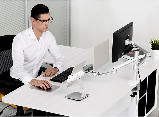 Viozon Monitor and Laptop Mount, 2-in-1 Adjustable Dual Arm Desk Mounts Single Desk Arm Stand/Holder for 17 to 32 Inch LCD Computer Screens, Extra Tray Fits 12 to 17 inch Laptops (Silver)