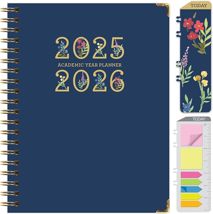HARDCOVER Academic Year 2025-2026 Planner: (June 2025 Through July 2026) 8.5"x11" Daily Weekly Monthly Planner Yearly Agenda. Bookmark, Pocket Folder and Sticky Note Set (Navy Gold Numbers)