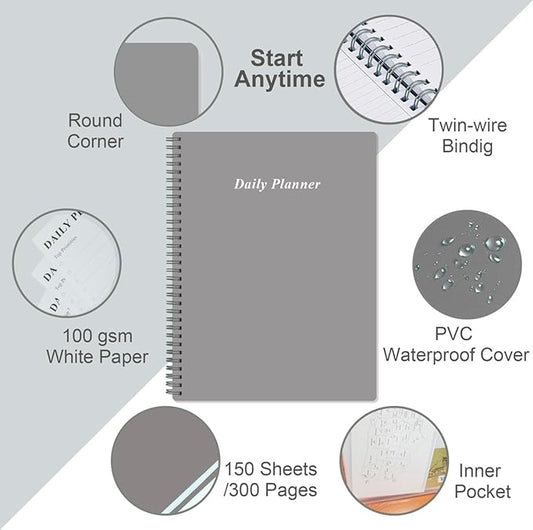 Daily Planner Undated - A4 To Do List Notebook Hourly Schedules, Spiral Appointment Planner for Women and Men,PVC Hardcover, Inner Pocket, Elastic Closure, 8.5" x 11", Grey