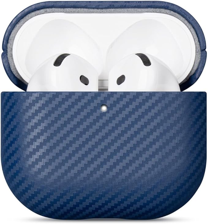 Leather Case - for AirPods 4 with Active Noise Cancellation/AirPods 4 Case Cover - Selected Skin-Friendly Leather, with Carbon Fibre Texture, Handmade Drop Protective Hard Cover - Blue