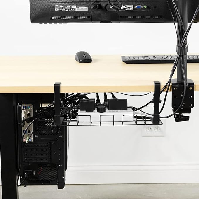 Under Desk Cable Management Trays 2 Pack, 16" Clamp Mounted Cord Organizer Holder Wire Organization No Drill Holes Needed for Computer Home Office Standing Tables to Conceal Power Strips