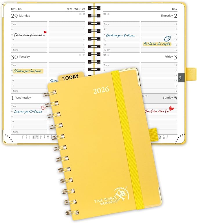 POPRUN 2026 Planner (Pocket Size 4''x 6.25'' Wire-Bond Hard Cover) Calendar Weekly and Monthly (Jan.2026-Dec.2026) Small Planner with Hourly Time Slots, for Purse, 100 GSM - Light Yellow