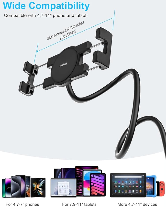 woleyi Gooseneck Tablet Holder for Bed, Flexible Long Arm Tablet Mount for Desk, Clip Bracket Clamp Stand fit for iPad Pro 10.5 Air Mini, Switch, Galaxy Tabs, Tablets, Cell Phones and 4.7-11" Devices