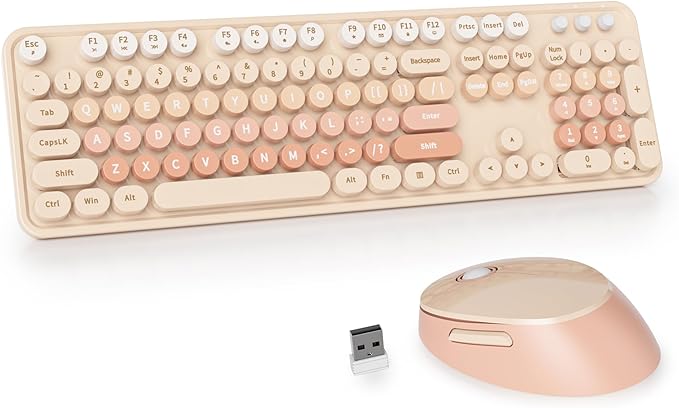 GTSP Colorful Brown Wireless Keyboard and Mouse Combo, Retro Wireless Typewriter Full-Size Cute Office Keyboard 2.4GHz with Round Keycaps for Desktop Laptop and PC (Cute Brown)