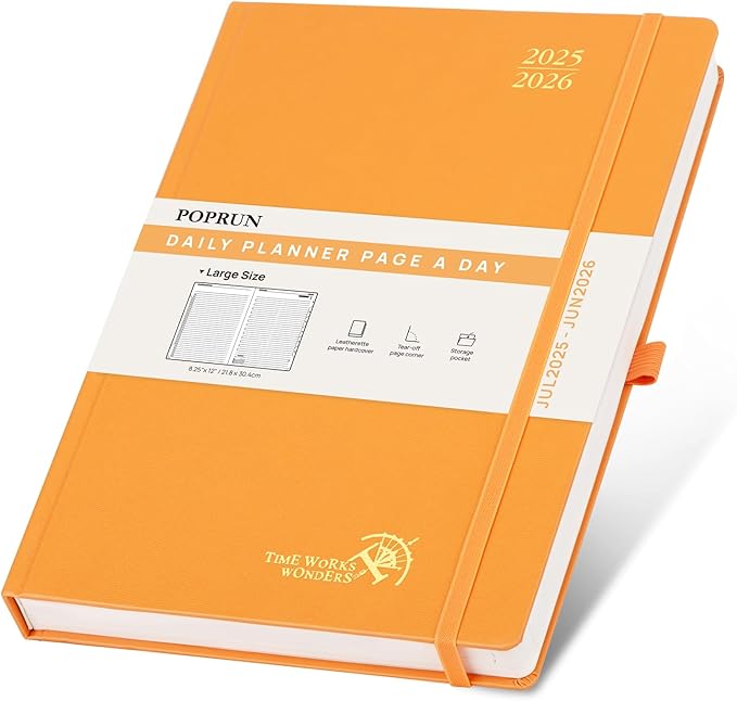 POPRUN 2025-2026 Daily Planner One Page Per Day (Large - 8.25'' x 12'') - Academic Calendar (July 2025 - June 2026), 2025 Day Appointment Book with Monthly Tabs, Hardcover - Orange