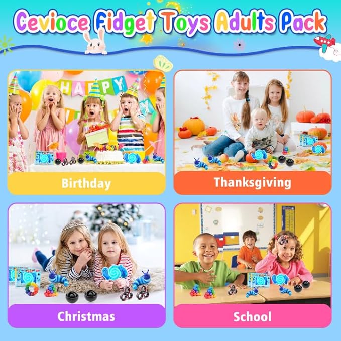 Cevioce 15Pcs Fidget Toys Adults Pack,Stocking Stuffers for Teens Boys Girls,Autism Sensory Toys with Fidget Spinner Slug Magnetic Rings,Squishy Fidget Toys ADHD Stress Relief,Party Favor for Kid-BBB