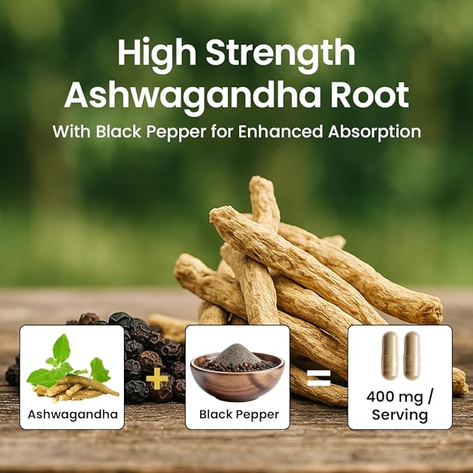 Organic Ashwagandha Capsules w/Black Pepper Extract as Vegan Ashwagandha Supplements for Anti Stress Relief, Natural Mood Support, Energy & Focus-60 Capsules