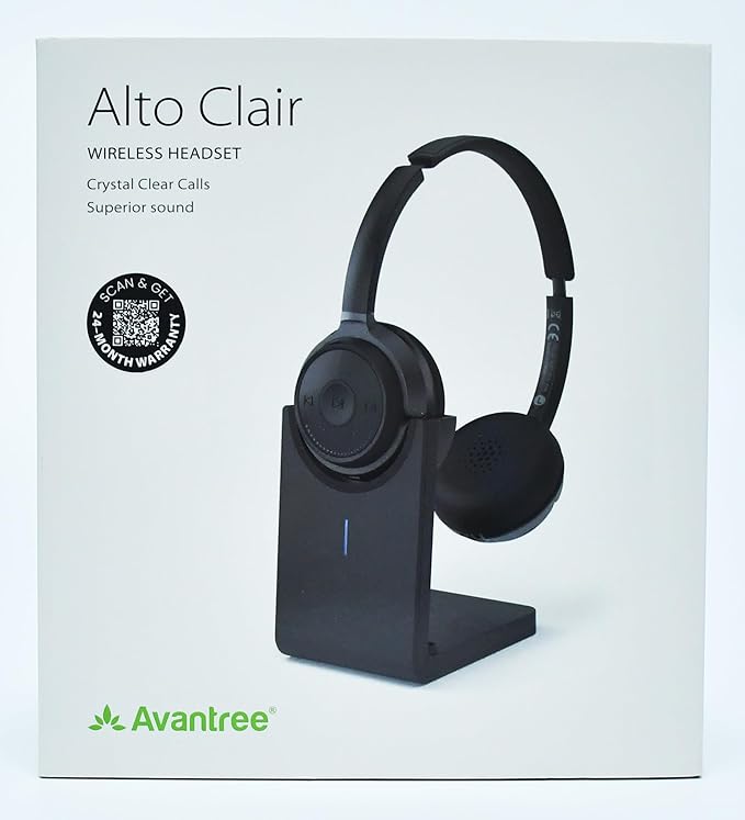 Avantree Alto Clair aptX HD Bluetooth Headset with Microphone, Mute Function, Clear Talking, Hi-Fi Music, Low Latency, Wireless Headphones with Charging Base for Computer, PC, Laptop, Skype, TV