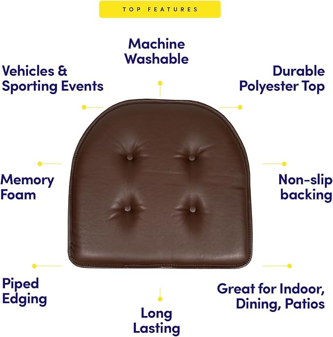 Sweet Home Collection Chair Cushion Memory Foam Pads Tufted Slip Non Skid Rubber Back U-Shaped 17" x 16" Seat Cover, 6 Pack, Faux Leather Chocolate Brown