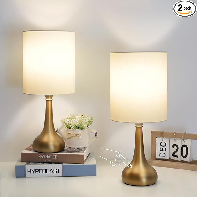 Boncoo Set of 2 Bedside Touch Lamps, 16 Inch Dimmable Small Nightstand Lamp, Night Light Lamp Simple Touch Table Lamp with Brass Metal Base for Living Room Bedroom Office, A19 3000K Led Bulb Included