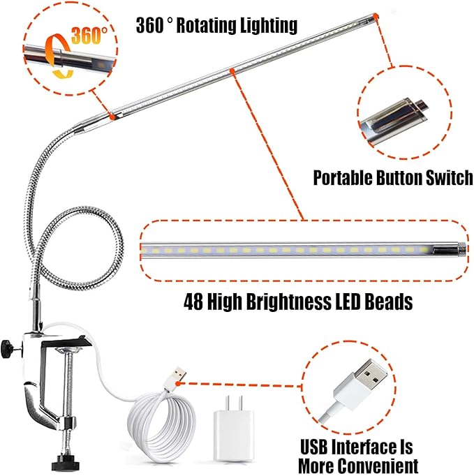 Desk Light with Clamp, USB LED 8W Clip Nail Desk Lamp Eye Care Flexible Gooseneck 360° Clamp Light for Manicure Reading Eyebrow Office Tattoo