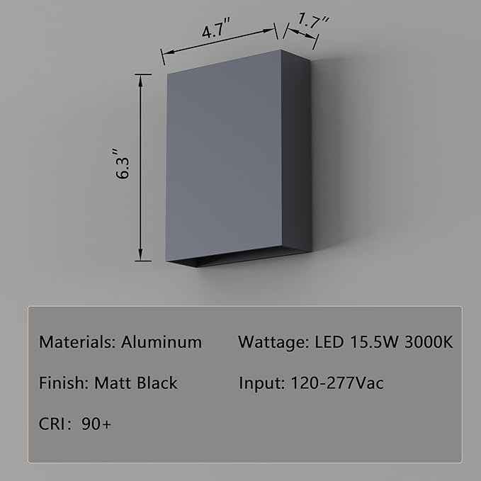 Up and Down Wall Lights for Bedroom LED Wall Lights, 6.3'' Mordern Porch Light, IP65 Waterproof Wall Lamp 10%-100% Dimmable, 120-277V, 15.5W 3000K CRI90+ (Black)