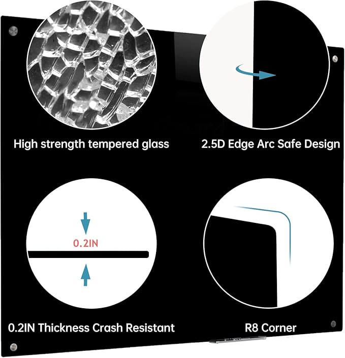 Glass Black Board Magnetic Dry Erase Board - Black Board 48 x 36 Inches Wall Mounted Glass Blackboard, Large Frameless Glass Black Board for Wall Office, Home & School