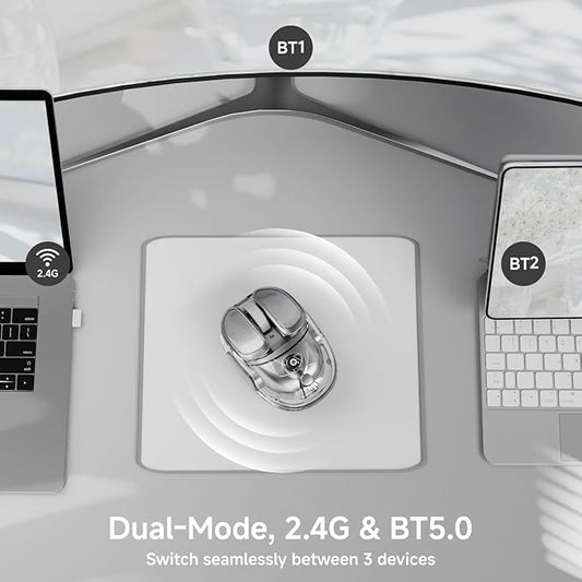 EWEADN Q9 Wireless Clear Mouse Dual Mode Bluetooth & 2.4G USB Computer Mouse with RGB Lighting, Silent Clicks, Multi-Device Compatibility for Laptop, PC, MacBook, iPad Cute Mouse-Sliver